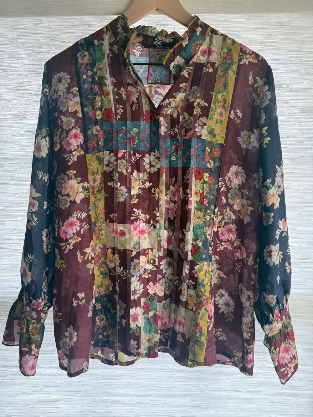Johnny Was Laurie Silk Milan Blouse Red Burgundy Button Down Semi Sheer Size M - Picture 2 of 8